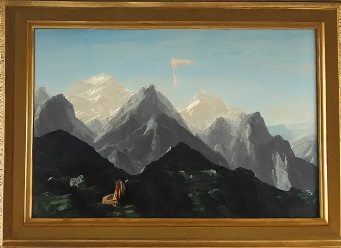 Prompt: painting of a modern minimalist sculpture in front of beautiful mountains by thomas cole