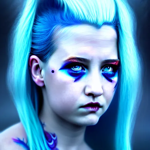 Image similar to The dragon girl portrait, portrait of young girl half dragon half human, dragon girl, dragon skin, dragon eyes, dragon crown, blue hair, long hair, highly detailed, cinematic lighting, Matte painting by David Lynch