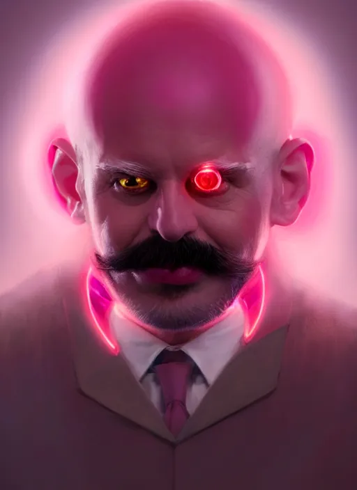 Image similar to portrait of dr robotnik, realistic, skinny, smile, ugly, defined jawline, big chin, pink hair bow, intricate, elegant, glowing lights, highly detailed, digital painting, artstation, sharp focus, illustration, art by wlop, mars ravelo and greg rutkowski