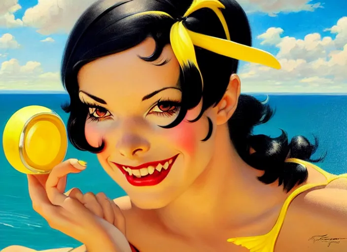 Image similar to the style of the artist gil elvgren, a girl with black hair, overwatch tracer, with a very beautiful symmetrical face, a smile on her face, tanned skin, in a yellow bikini, against the background of a sea beach, in art style, high detail, digital painting, hyperrealism