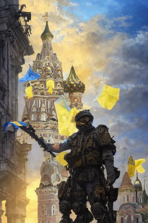 Image similar to special forces soldier raising ukrainian blue and yellow flag on st. basil cathedral, masculine figure, d & d, fantasy, bright atmosphere, volumetric lights, intricate, elegant, extremely detailed, digital painting, artstation, concept art, matte, smooth, sharp focus, hyper realistic, illustration, art by artgerm and greg rutkowski and alphonse mucha