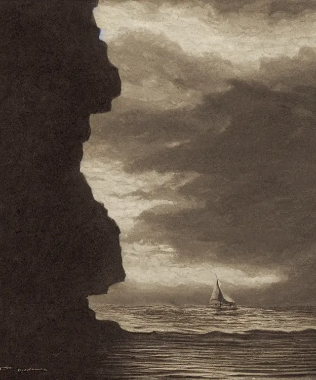 Image similar to photorealistic sepia painting of a 1 9 2 5 bay boat sailing in front of a tropical island cliff with the mouth of a grotto at the waterline, dark, brooding, atmospheric, lovecraft, by dave dorman