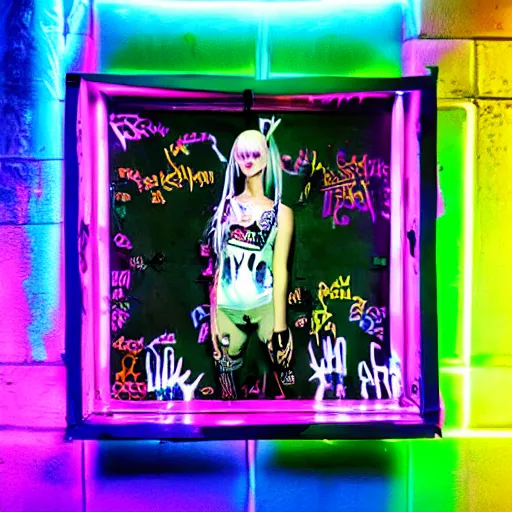 Image similar to die antwoord inside a dark house zef design graffiti, neon uv lighting