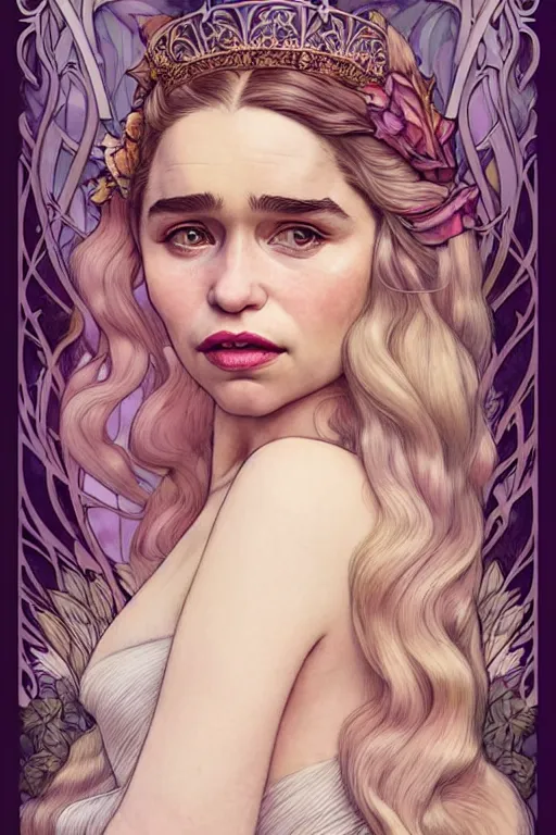 Prompt: new art nouveau closeup portrait of fantasy flower vargas princess seductive emilia clarke wearing a royal dress in an magic forest, anna dittmann, smooth skin, patrick nagle!!!, glamorous pose, charlie bowater and loish. long windblown blonde hair, ultrasharp focus, dramatic lighting, rose arches, octane, matte painting, intricate, d & d, poster