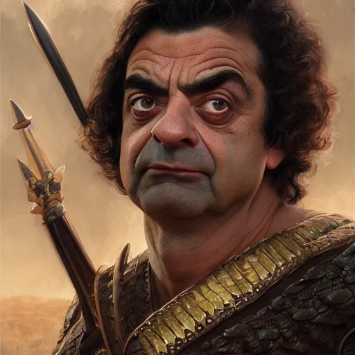 Prompt: portrait of Rowan Atkinson as a barbarian, detailed, centered, digital painting, artstation, concept art, donato giancola, Joseph Christian Leyendecker, WLOP, Boris Vallejo, Breathtaking, 8k resolution, extremely detailed, beautiful, establishing shot, artistic, hyperrealistic, octane render