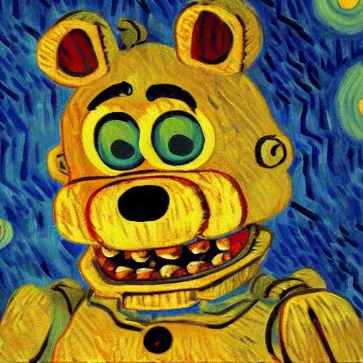 Image similar to five nights at freddy's painting by van gogh