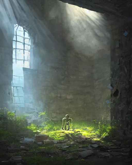 Image similar to a skeleton sitting in an old corner chained up an old abandoned dungeon, very little moss, sunbeams streaming in through an unseen window, ancient. Atmospheric lighting, By Makoto Shinkai, Stanley Artgerm Lau, WLOP, Rossdraws, James Jean, Andrei Riabovitchev, Marc Simonetti, krenz cushart, Sakimichan, D&D trending on ArtStation, digital art.