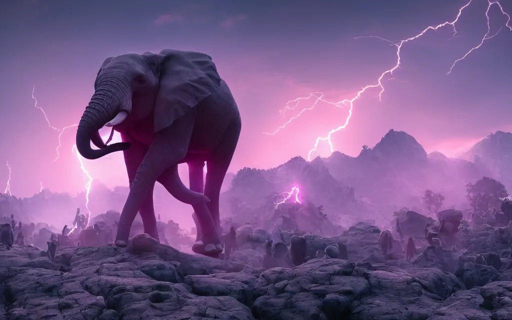 Image similar to a crowd of small blue necromancers summoning a giantic pink antropomorphic cyborg elephant lying on top of a rock, twilight lightning, montains in the background, volumetric fog, realitistic, high contrast, ultra detailed, 8 k render, cycles render engine, volumetric fog