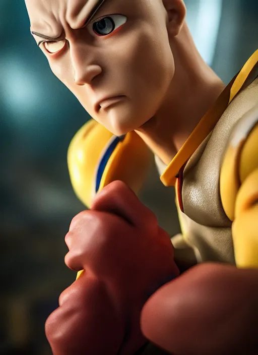 Prompt: realistic miniature saitama on a studio shot, movie shot, close - up, cinematic perspective, full hd, vibrant colors