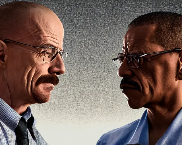 Image similar to walter white gustavo fring facing each other in a wheat field, side view, 3 5 mm photograph, 8 k resolution, wide shot, sharp lens