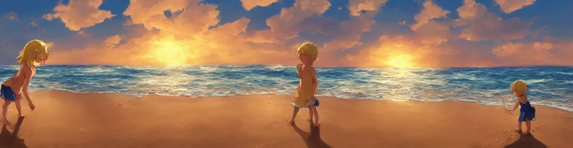 Image similar to beautiful, detailed digital painting of a blond-haired child making sandcastles on the beach and looking at the sunset, anime by Makoto Shinkai, sand, waves, trending on artstation