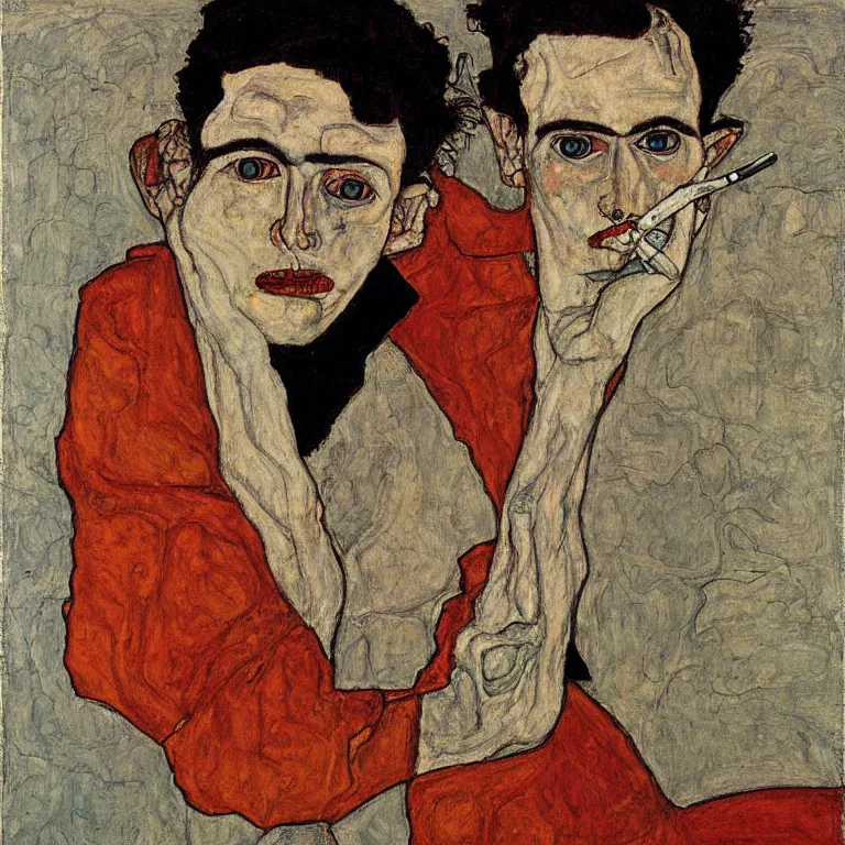 Image similar to portrait of a loner smoking a cigarette by egon schiele