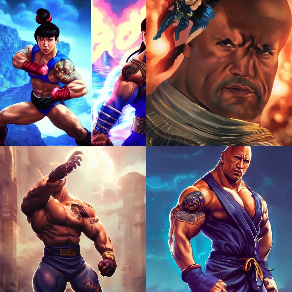 Prompt: dwayne johnson, chun li outfit, dwayne johnson posing like a street fighter, intricate, epic lighting, cinematic composition, hyper realistic, 8k resolution, unreal engine 5, by Artgerm, tooth wu, dan mumford, beeple, wlop, rossdraws, James Jean, Andrei Riabovitchev, Marc Simonetti, yoshitaka Amano, Artstation