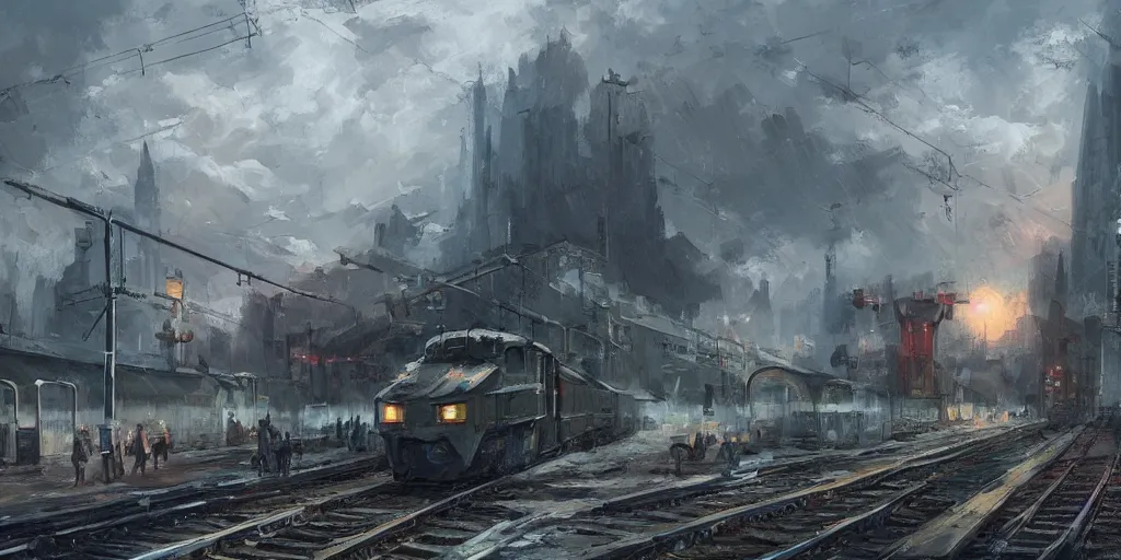 Image similar to a russian mecha, train station in summer, matte painting, evening, after the storm, drama, by rozalski and stanton kenton, artstation