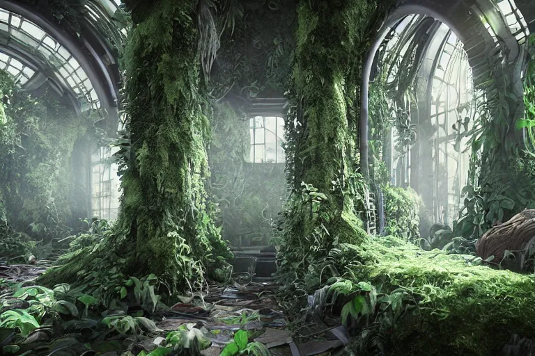 Image similar to inside a spaceship living quarters overgrown with plant life and ivy, artgerm, yoshitaka amano, gothic interior, 8 k, octane render, unreal engine