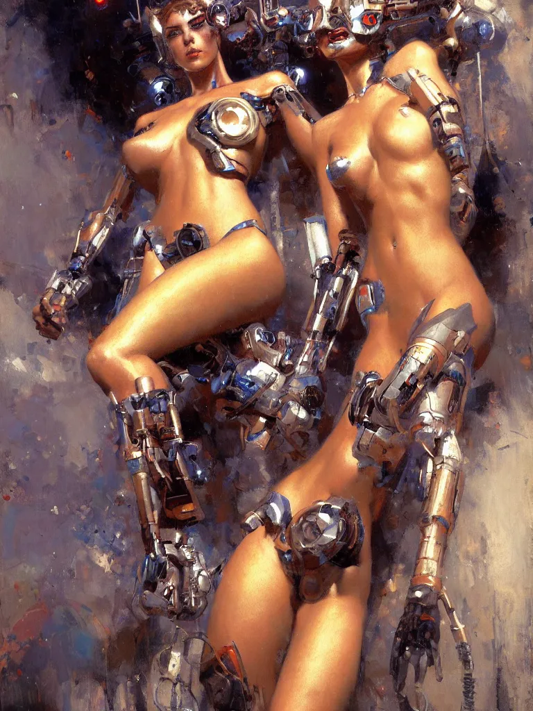 Image similar to Attractive cyborg woman, painting by Gaston Bussiere, Craig Mullins