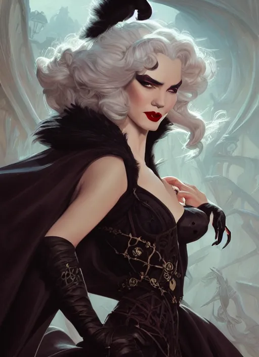 Prompt: cruella de vil, d & d, fantasy, intricate, elegant, highly detailed, digital painting, artstation, concept art, matte, sharp focus, illustration, hearthstone, art by artgerm and greg rutkowski and alphonse mucha