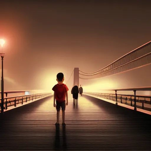 Image similar to a lonely boy on a city bridge looking to the river at night, digital painting, masterpiece, digital art, hyperrealistic, concept art, octane render, unreal engine 5, trending on deviantart, sad atmosphere, centered, anatomically correct, oil painting, high contrast, serene scenery, loneliness