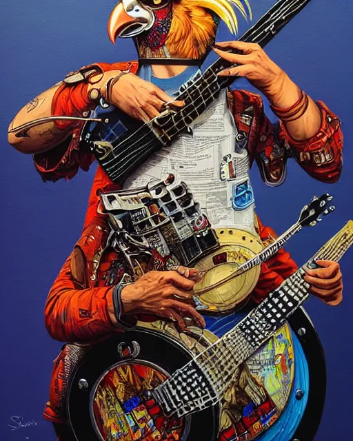 Image similar to a portrait of an anthropomorphic cyberpunk rooster shredding a banjo by sandra chevrier, by jon foster, detailed render, tape deck, epic composition, cybernetics, 4 k realistic, cryengine, realistic shaded lighting, sharp focus, masterpiece, by enki bilal