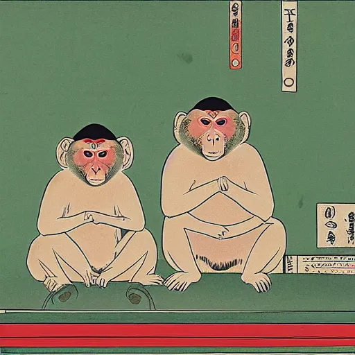 Prompt: two japanese macaques listening in sunglasses listening to a boom box, ukito-e, Yoshitoshi