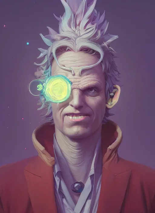 Image similar to highly detailed surreal vfx portrait of a rick sanchez, stephen bliss, unreal engine, greg rutkowski, loish, rhads, beeple, makoto shinkai and lois van baarle, ilya kuvshinov, rossdraws, tom bagshaw, alphonse mucha, global illumination, detailed and intricate environment