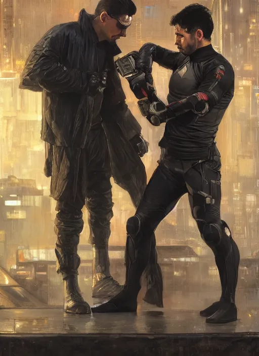 Prompt: bruce wayne teaching self defense. cyberpunk mercenary in a cyberpunk jumpsuit ( blade runner 2 0 4 9, cyberpunk 2 0 7 7 ). orientalist portrait by john william waterhouse and james gurney and theodore ralli and nasreddine dinet, oil on canvas. cinematic, hyper realism, realistic proportions, dramatic lighting, high detail 4 k