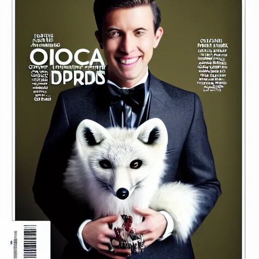 Prompt: fashion magazinecover of an anthropomorphic Arctic Fox wearing a fancy tuxedo