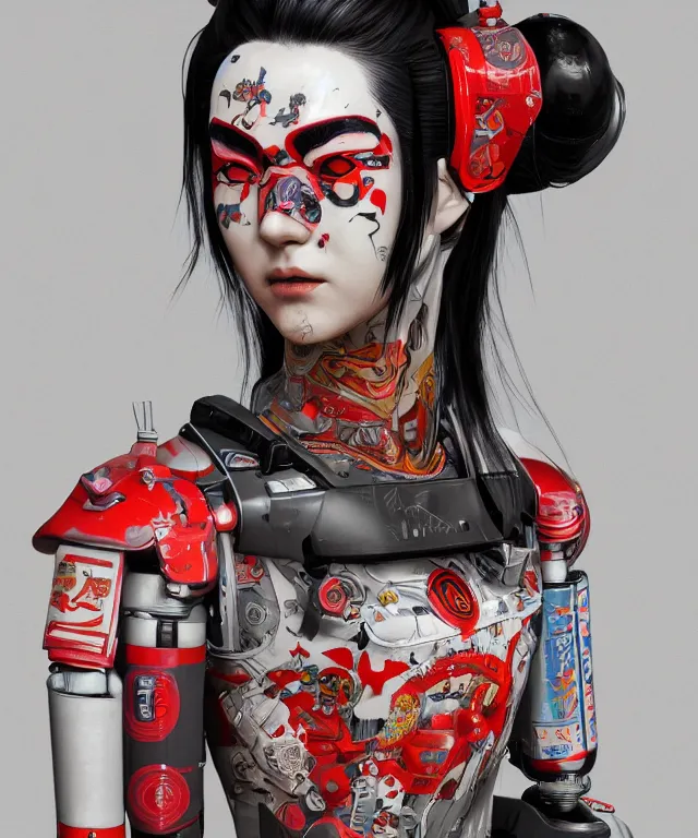 Image similar to an epic fantastic realism comic book style portrait painting of a japanese robotic geisha with kanji tattoos and decals, apex legends, octane render, intricate detail, 4 k hd, unreal engine 5