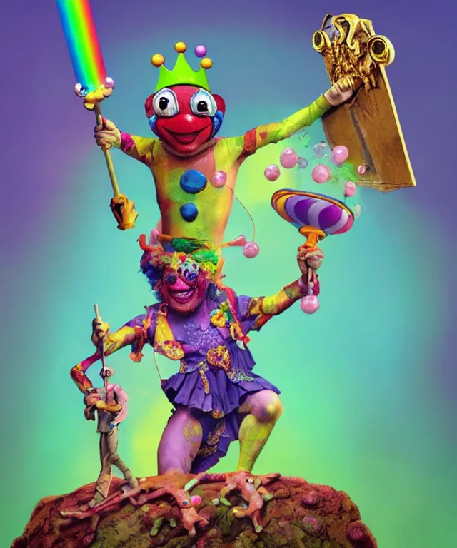 Prompt: clown frog king pulls the sword from the stone, clown frog king wearing clown makeup and rainbow wig, clown crown artwork by Glenn Fabry, rendering by Beeple