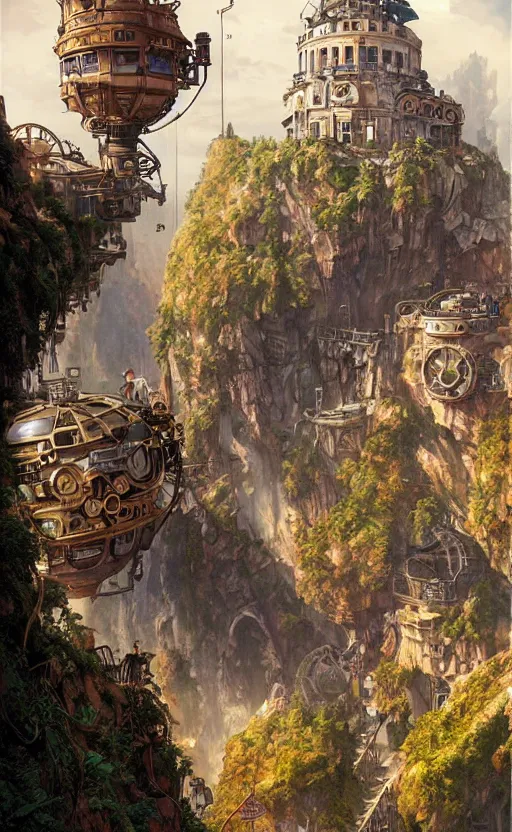 Image similar to steampunk city on a cliff, dense foliage poster art by kim jung giu and weta studio, and lucasfilm and jesper ejsing and norman rockwell greg rutkowski frank frazzeta