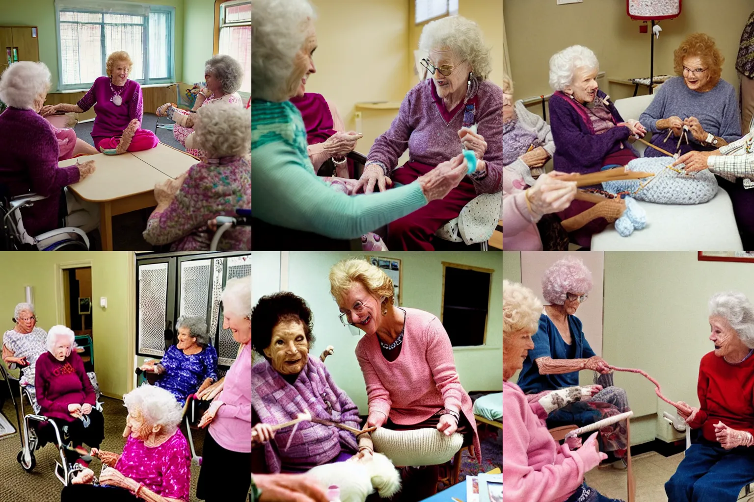Prompt: Diamond Dallas Page teaching knitting to old ladies in a nursing home. photo by Steve McCurry