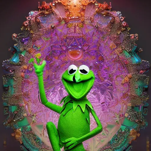 Prompt: a stunning rendition of full-body thin skinny Kermit the Frog from Sesame Street sculpture made of fractal gems, fractal crystals, very intricate, hyper realistic, octane render, very colorful, vibrant, cinematic, amazing details, by james jean, by alphonse mucha, by ross tran