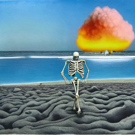 Image similar to a skeleton walking on a beach next to the ocean with nuclear bomb explosion in the background, a surrealist painting by Storm Thorgerson, featured on cg society, matte painting, naturalism, chillwave, anatomically correct