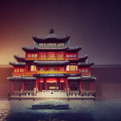 Image similar to a magnificent Chinese castle in the night sky above ocean, sense of awe, breathtaking, extremely detailed, concept art, environment concept, Rendered in Octane, trending on artstation, cgsociety, moody lighting rendered by octane engine, environment 8K artstation, cinematic lighting, intricate details, 4k detail post processing, hyperealistic, photo realism