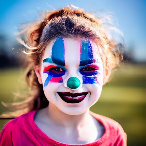 Image similar to a portrait of a abstract girl who has abstract face - painting like a clown smiling creepily. depth of field. lens flare
