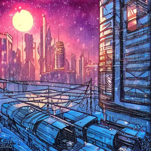 Prompt: mystic winter landscape, cyberpunk by mike allred