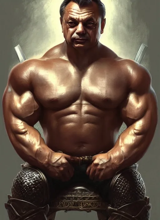 Image similar to portrait of viktor orban with synthol muscles sitting on the iron throne, d & d, muscular! fantasy, intricate, elegant, highly detailed, digital painting, artstation, concept art, smooth, sharp focus, illustration, art by artgerm and greg rutkowski and alphonse mucha