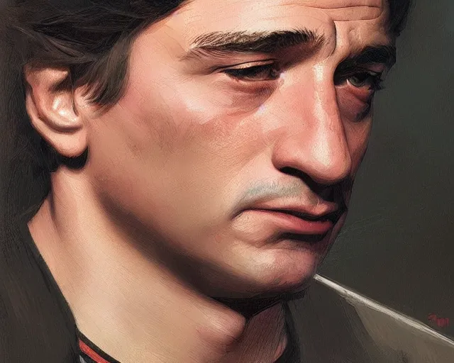 Prompt: portrait of a young robert de niro young in th 8 0's, intricate, highly detailed, digital painting, artstation, concept art, sharp focus, illustration, art by artgerm and greg rutkowski and alphonse mucha