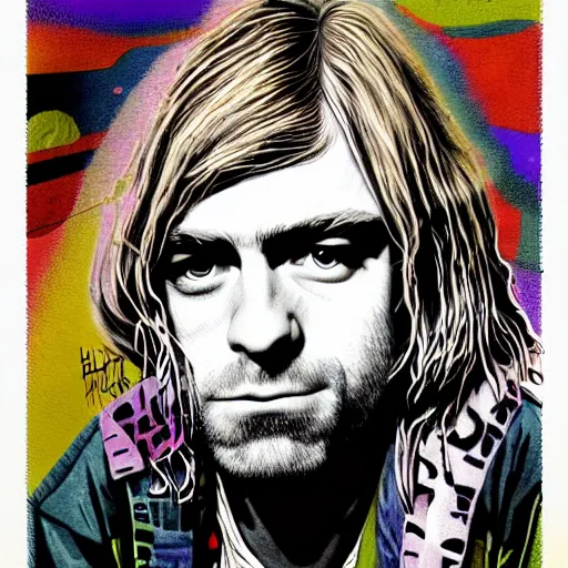 Image similar to graphic illustration, creative design, kurt cobain, biopunk, francis bacon, highly detailed, hunter s thompson, mixed media