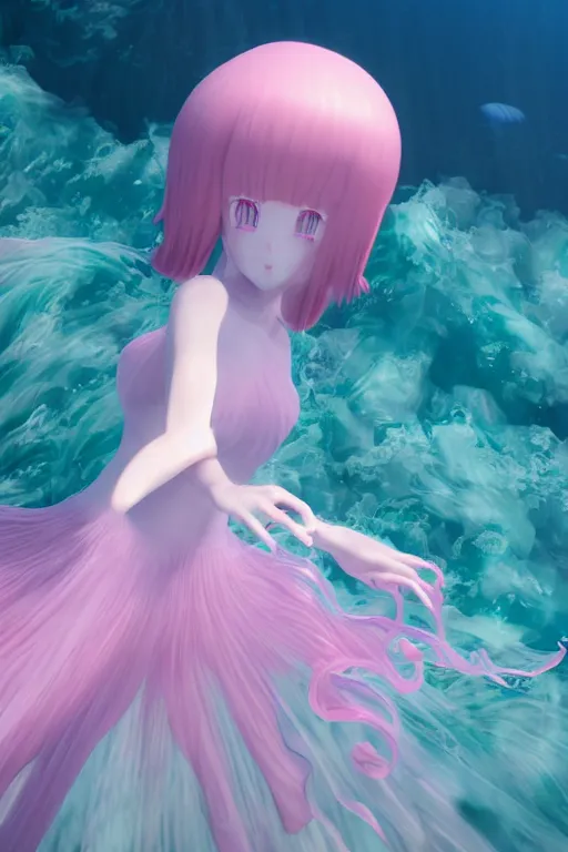 Image similar to 3D CG anime Land of the Lustrous Houseki no Kuni character Ventricosus translucent very light pink jelly woman with thick chest size and pink transparent bouffont dress frills standing at the bottom of the ocean near the surface, sun rays shine through the water, facing the camera, beautiful composition, 3D render, cel shaded, 8k, key visual, made by Haruko Ichikawa, Makoto Shinkai, studio Ghibli, Kyoto Animation