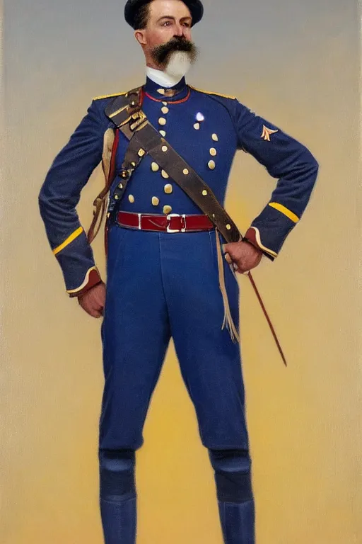 Image similar to full body portrait of the dictator of the oklahoma city thunder, 1 8 8 9, in full military garb, thunder blue, sunset, navy blue, oil on canvas by william sidney mount, trending on artstation