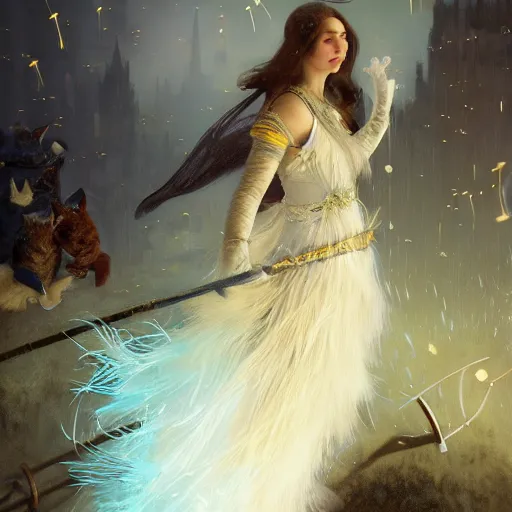 Image similar to hyperrealistic portrait of a woman flying a broom above a bladedrunner city among cats as fireflies wearing white swan dress long feathers and sapphire jewellery by jeremy mann and alphonse mucha, fantasy art, photo realistic, dynamic lighting, artstation, poster, volumetric lighting, very detailed faces, 4 k, award winning