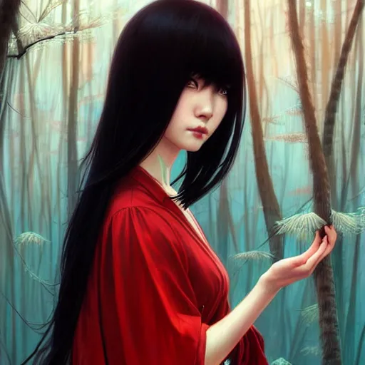 Image similar to a beautiful japanese girl with long black hair and bangs, red eyes, fantasy, portrait, sharp focus, intricate, elegant, digital painting, artstation, matte, highly detailed, concept art, illustration, ambient lighting, art by ilya kuvshinov, artgerm, Alphonse mucha, and Greg Rutkowski