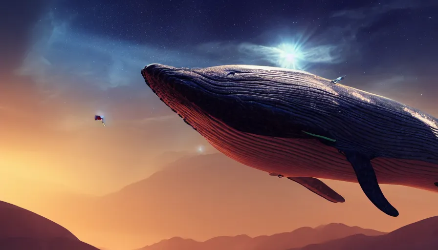 Image similar to highly detailed cinematic scifi render of a flying whale over the tuscany skies, cypresses and hills, stars and planets, hyper detailed, digital art, led lighting, studio quality, smooth render, unreal engine 5, octane render, trending on artstaion.