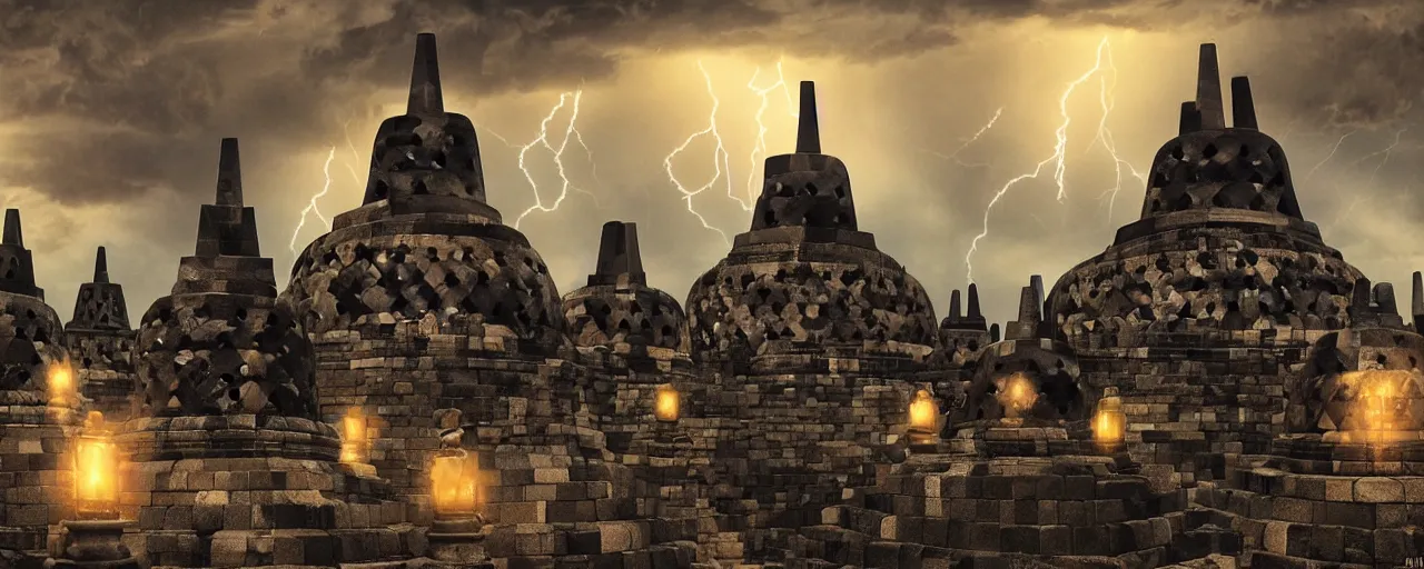 Image similar to most epic dramatic borobudur temple at night picture, eerie stormy night sky and lightnings. night photography. epic cinematic hyperrealism masterpiece. realistic poster with shaded lighting by craig mallismo, artgerm, jeremy lipkin and michael garmash, unreal engine, radiant light, detailed and complex environment, digital art, art station trends