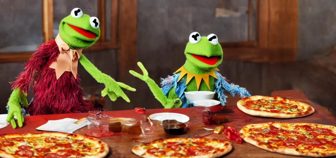 Prompt: an original muppet character sitting at a table with pizza in the style of the dark crystal