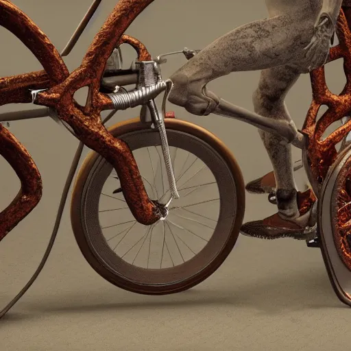 Prompt: fixed gear bike made of flesh and bones, scream and fear, body-horror, high detail, photorealism, full length view, insanely intricate details, octane render, 16k, 8k