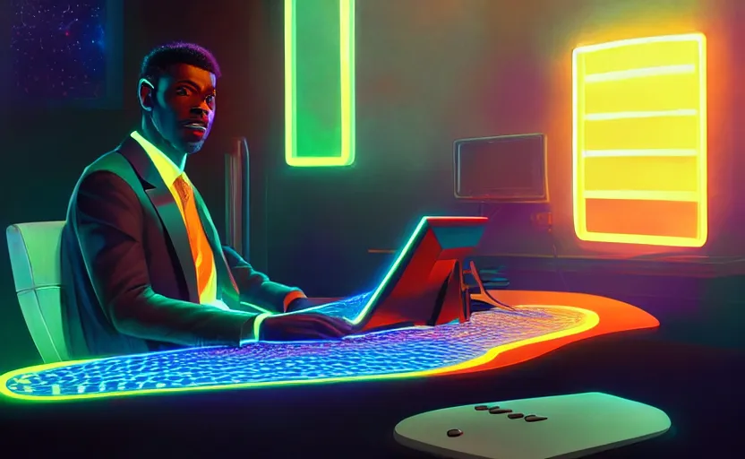 Image similar to handsome black genius at his gaming pc, holographic keyboard and curved digital holographic displays, luxury interior, electric orange glowing lights, highly detailed, digital painting, artstation, concept art, smooth, sharp focus, illustration, art by wlop, mars ravelo and greg rutkowski