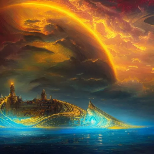 Image similar to a big fort made of glowing golden material, cosmic, surreal, photorealistic, clouds, oil painting, matte painting, 8 k,