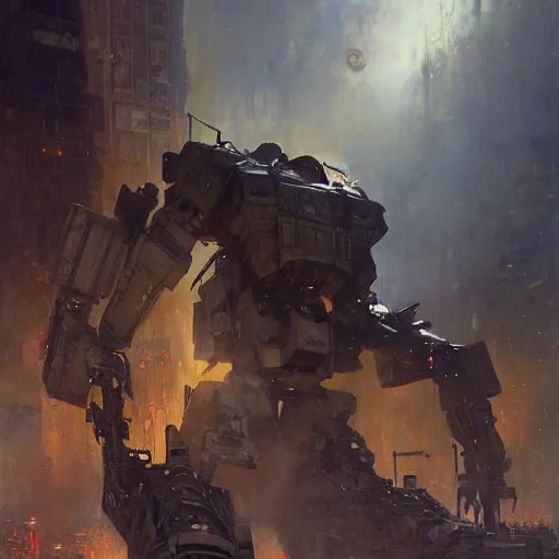 Image similar to six meters tall mech fighting in an urban environment, epic action scene, by gaston bussiere craig mullins jc leyendecker gustav klimt artgerm greg rutkowski john berkey, bergey, craig mullins, ruan jia, raymond swanland, jeremy mann, tom lovell, alex malveda, shadow ray casting, bump mapping